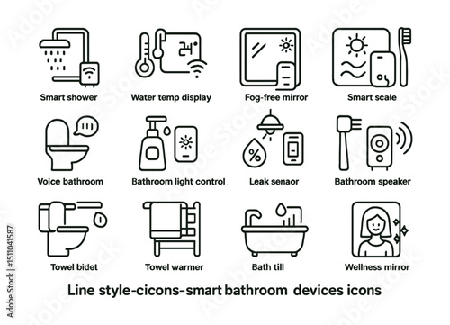 Line style icons of smart bathroom devices: smart shower, water temp display, fog-free mirror, smart scale, voice bathroom, auto soap, bathroom light control, smart toothbrush, shower timer, humidity