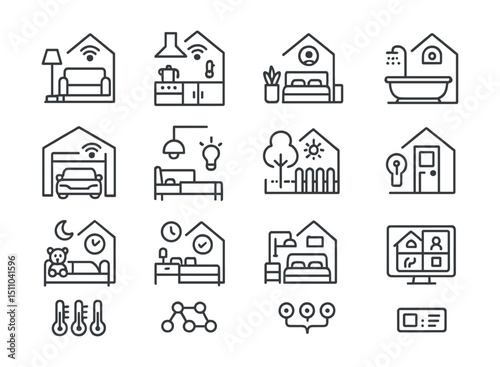 Line style icons of smart home zones: living room control, kitchen zone, bedroom setting, bathroom zone, garage automation, hallway lights, backyard zone, front door access, kids room setting, office