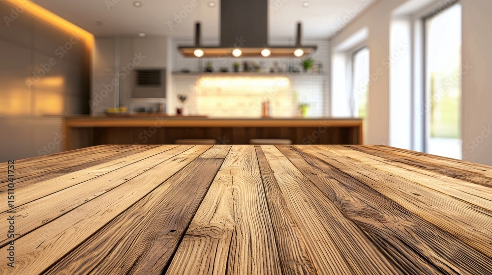 Fototapeta premium Rustic Wooden Tabletop in Modern Kitchen Setting