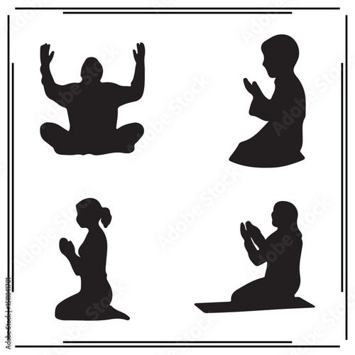 Silhouettes of Men, Women, and Children Praying – Devotional Poses Representing Worship and Spiritual Reflection.

