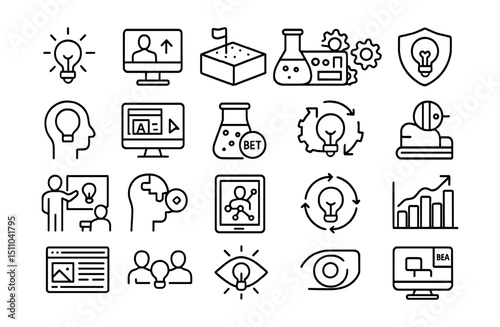 Line style icons of innovation in digital learning: innovation spark, new teaching model, virtual sandbox, experimental module, learning R&D, concept prototype, beta feature icon, creative method,