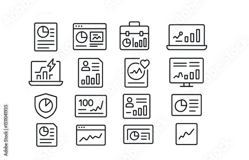 Line style icons of executive and summary views: high-level report, executive dashboard, company overview, business snapshot, topline metrics, board report, strategic KPIs, business health, summary