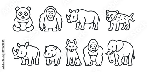 Line style icons of critically endangered mammals: giant panda, Sumatran orangutan, Javan rhino, Amur leopard, vaquita, black rhino, pygmy hippo, red wolf, mountain gorilla, Asian elephant.