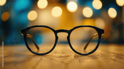 Spectacles on Wooden Table with Blurred Background Lights