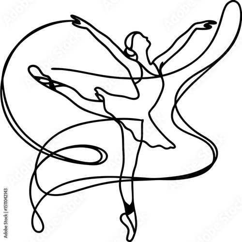 Elegant ballerina dancing with flowing ribbons in minimalist style  