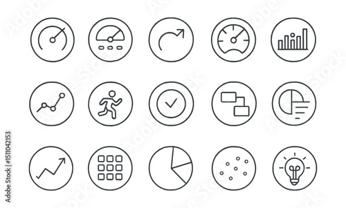 Line style icons of round dashboards and metrics: round performance chart, round dashboard screen, round key metric, round KPI gauge, round weekly stats, round usage graph, round activity icon, round