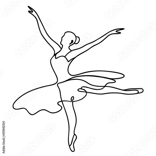 Elegant ballerina dancing in a flowing dress in a line art style  