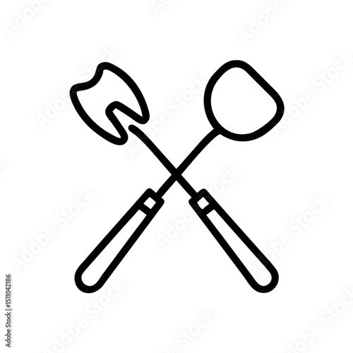 Gardening tools including shovel and rake crossed on white background  