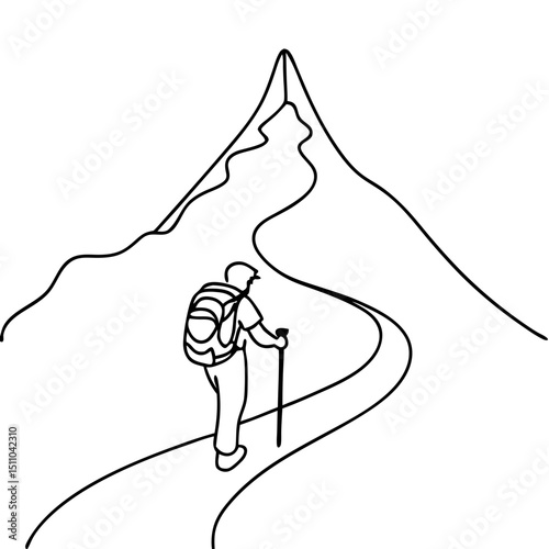 Hiker walking on winding path towards mountain peak in outline style  