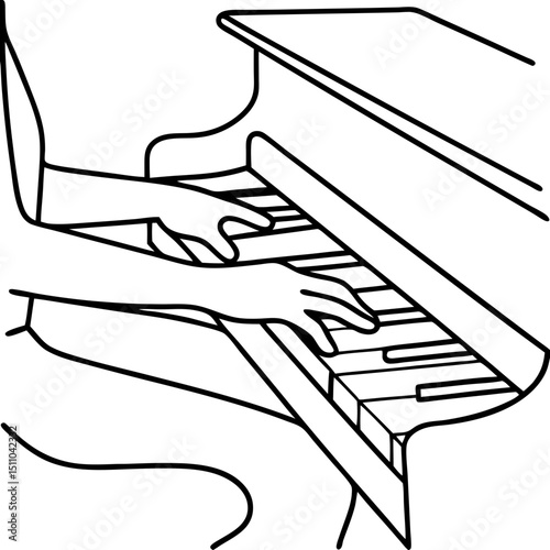 Line drawing of hands playing piano on grand keyboard  