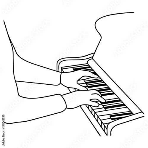 Line drawing of hands playing piano keys in minimalist style  