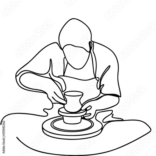 Potter shaping clay on a wheel in a minimalist line art style  