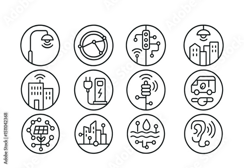 Line style icons of round smart cities: round smart lamp, round connected road, round digital traffic, round city sensor, round smart building, round EV station, round data pole, round clean