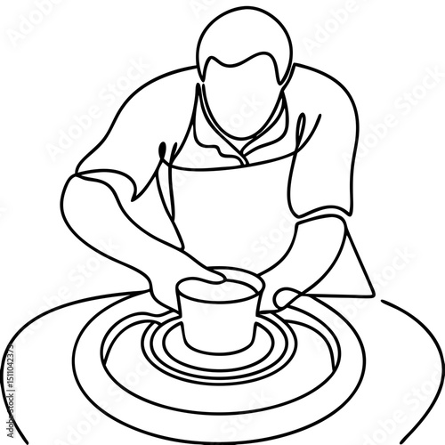 Pottery artist shaping clay on wheel in minimalist line art style  