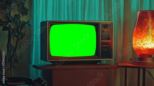 Retro television set glowing in moody room on green screen