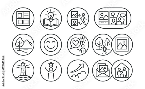 Line style icons of round visual storytelling: round storyboard icon, round visual metaphor, round image sequence, round icon narrative, round comic strip, round scene sketch, round expression icon,