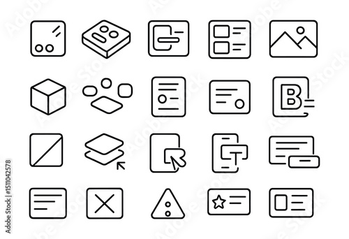 Line style icons of modern UI trends: glassmorphism, neumorphism, minimal UI, card-based UI, immersive UI, 3D icon, floating elements, smooth corners, light UI, dark UI, gradient layer, soft shadows,