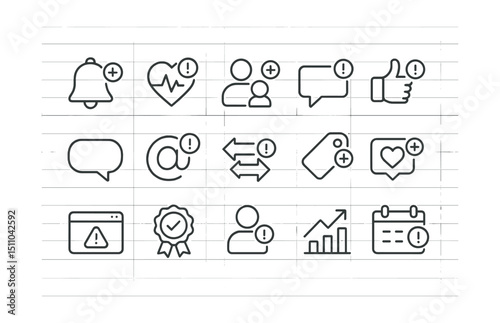 Line style icons of notifications and updates: bell icon, activity alert, follow notification, message ping, like alert, comment icon, mention icon, repost alert, tag notification, post reaction,