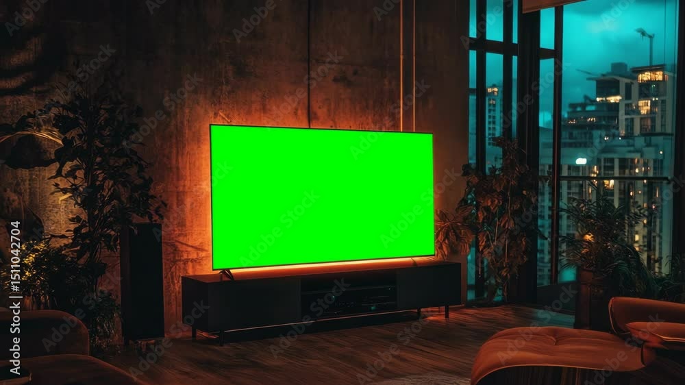 Modern TV in dark room with green screen on display Modern TV in dark room with green screen on display