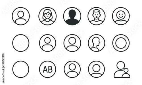Line style icons of round user avatar styles: round flat avatar, round illustrated avatar, round silhouette icon, round photo avatar, round emoji avatar, round anonymous circle, round default user,