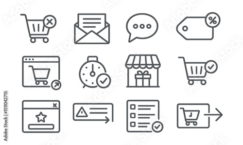 Line style icons of abandoned cart recovery: abandoned cart icon, reminder email, recovery message, discount to return, retargeting ad, cart item saved, cart recovery timer, follow-up offer, cart