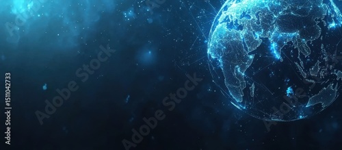 Abstract digital blue background with a globe made of glowing data connections, a cyber technology concept for global network and connectivity, a world map Generative AI