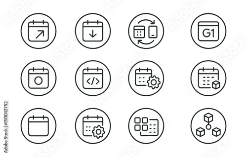 Line style icons of round calendar tools and integrations: round export icon, round import icon, round sync tool, round app integration, round Google Calendar, round Outlook badge, round Apple