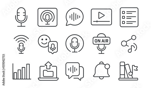Line style icons of audio and podcast content: mic icon, podcast cover, voice post, audio player, episode list, streaming icon, voice reaction, podcast channel, mic on air, voice share, podcast stats