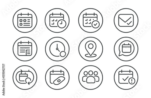 Line style icons of round event scheduling: round event icon, round schedule icon, round add event, round RSVP icon, round event details, round time picker, round location tag, round event bubble,