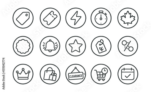 Line style icons of round promotions and offers: round promo tag, round coupon icon, round flash sale, round countdown timer, round offer badge, round deal alert, round exclusive icon, round seasonal