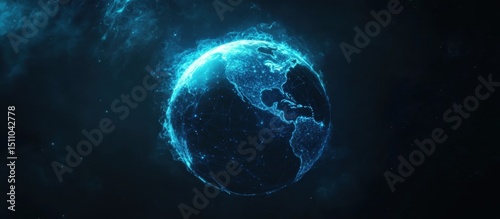 Abstract digital blue background with a globe made of glowing data connections, representing the global network concept and technology on a dark blue background Generative AI