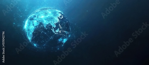 Abstract digital blue background with a globe made of glowing data connections, a cyber technology concept for global network and connectivity, a world map Generative AI