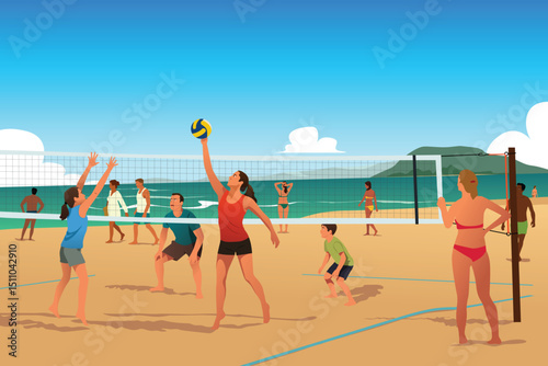 Family Playing Beach Volleyball in the Summer Vector Illustration