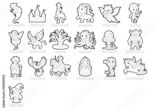 Fictional Fantasy Characters Cartoon Outline Black and White Vector Illustration