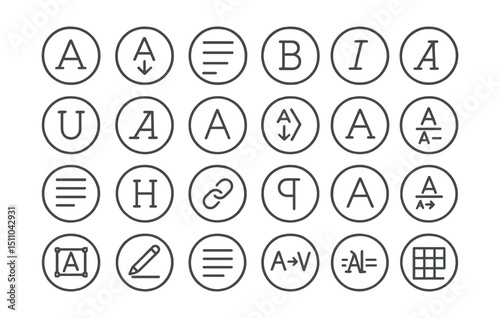 Line style icons of round typography and text: round type icon, round font selector, round text alignment, round bold icon, round italic icon, round underline icon, round line spacing, round letter