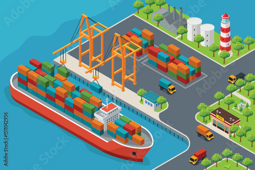 Isometric Containers Cargo Ship at the Harbor Vector Illustration