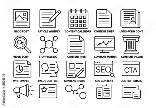 Line style icons of content marketing: blog post icon, article writing, content calendar, editorial icon, keyword research, topic cluster, content brief, long-form content, video script, storytelling