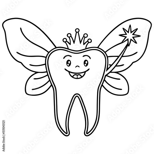 Tooth fairy icon with wings and crown. Cute tooth fairy character illustration holding gold tooth.  Smiling tooth fairy design perfect for children's book, dental clinic, or educational materials.