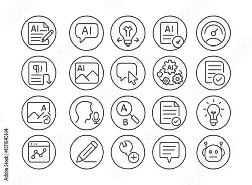 Line style icons of round AI-assisted content creation: round AI writing, round generate text, round smart rephrase, round AI summary, round tone adjust, round auto paragraph, round AI image, round