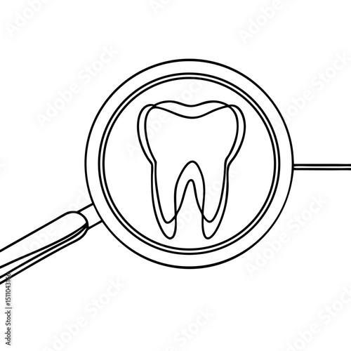 Tooth under magnifying glass for dental clinic brochure. Detailed tooth examination with magnifying glass shows dental care. High quality image for dental practice marketing materials.