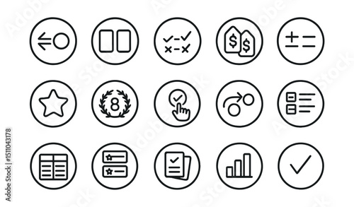 Line style icons of round product comparison: round compare icon, round side-by-side, round feature match, round price compare, round pros and cons, round review star, round score badge, round best