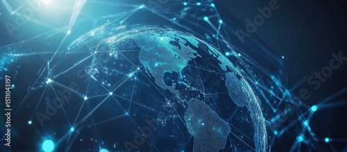 Digital technology on a blue background with a digital globe and global network connection representing the concept of data transfer and information exchange on the internet in dark blue Generative AI