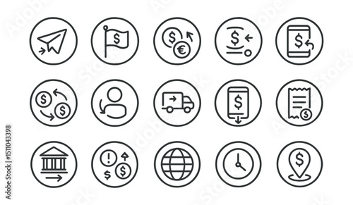 Line style icons of round money transfers and remittance: round send icon, round remittance flag, round currency pick, round fee display, round transfer app, round transfer route, round recipient