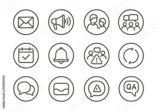 Line style icons of round communication in education: round email icon, round announcement icon, round parent message, round group chat, round calendar invite, round class notification, round staff