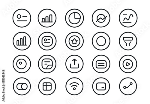 Line style icons of round data and dashboard UI: round KPI card, round stat widget, round chart view, round pie graph, round line graph, round bar icon, round analytics block, round data badge, round