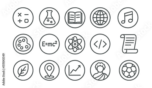 Line style icons of round subjects and disciplines: round math icon, round science flask, round language book, round globe icon, round music note, round art palette, round physics formula, round