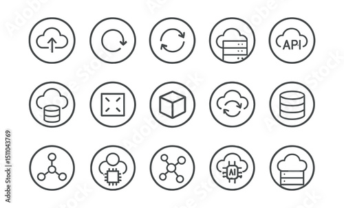 Line style icons of round data and cloud: round cloud upload, round cloud download, round sync icon, round server cloud, round cloud API, round database cloud, round data flow, round data block,