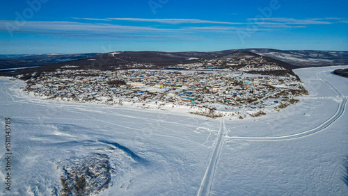 Aerial of Tura on the Yenisei river, Krasnoyarsk Krai, Evenki state, Russia