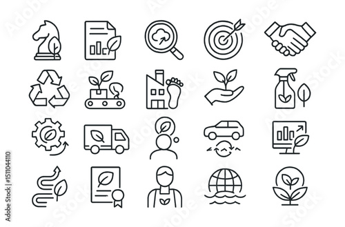 Line style icons of sustainability in business: green strategy, ESG report, carbon audit, sustainability goal, ethical sourcing, circular economy, green supply chain, corporate footprint, green