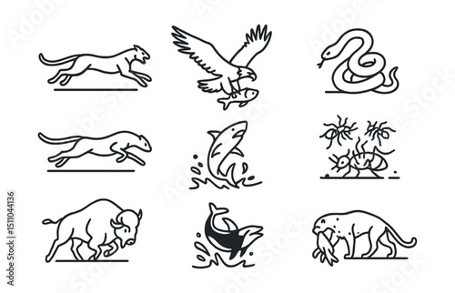 Line style icons of dramatic wildlife moments: predator chasing prey, eagle snatching fish, snake constricting, cheetah leap, shark breaching, ant swarm attack, buffalo charge, orca flipping seal,